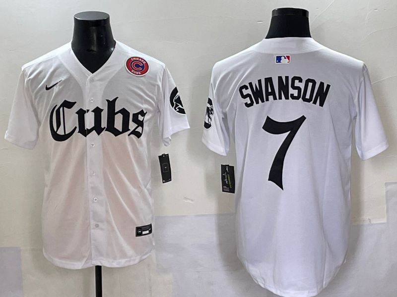 Men 2025 Chicago Cubs #7 Swanson White Five generations Joint Name Nike MLB Jersey style 9->chicago cubs->MLB Jersey